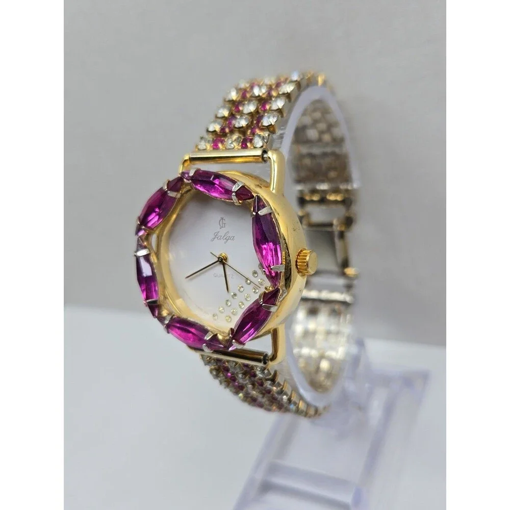 Jalga Womens Pink Crystals Rhinestones Dress Watch Gold Bracelet New Battery
